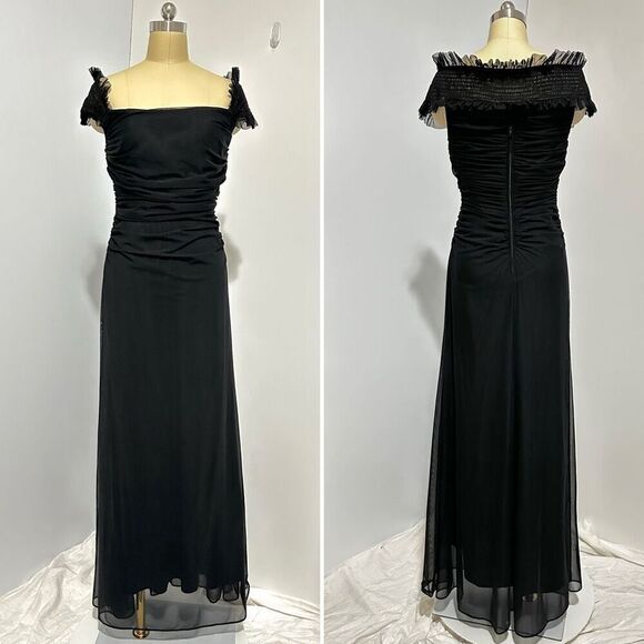 Vtg Tadashi Black Mesh Ruched Maxi Dress S Gothic Vampire Fairygoth Witchy - Picture 1 of 12